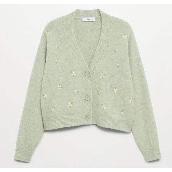 MNG Mango Green Knit Blend Medium V-Neck Button-Up Floral Embroidery Cardigan - Picture 11 of 12
